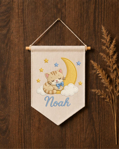 Personalized Cat Moon Nursery Wall Hanging, Custom Name Embroidered Banner, Sleeping Kitten Baby Boy Room Decor, Celestial Nursery Gift
