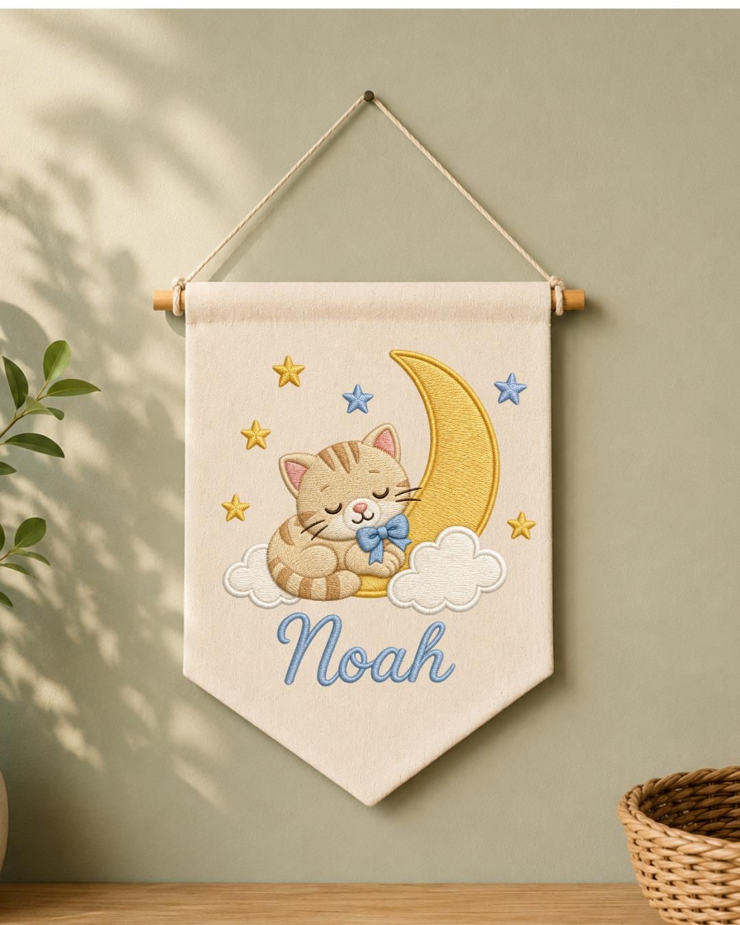 Personalized Cat Moon Nursery Wall Hanging, Custom Name Embroidered Banner, Sleeping Kitten Baby Boy Room Decor, Celestial Nursery Gift