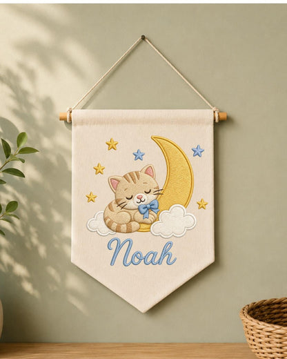 Personalized Cat Moon Nursery Wall Hanging, Custom Name Embroidered Banner, Sleeping Kitten Baby Boy Room Decor, Celestial Nursery Gift