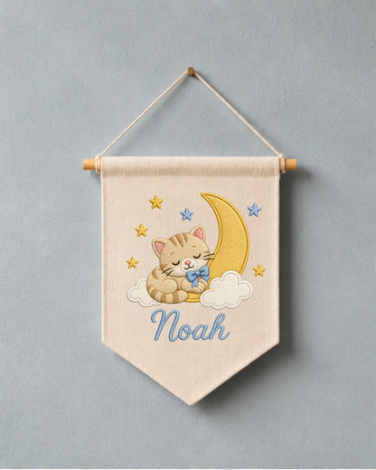 Personalized Cat Moon Nursery Wall Hanging, Custom Name Embroidered Banner, Sleeping Kitten Baby Boy Room Decor, Celestial Nursery Gift