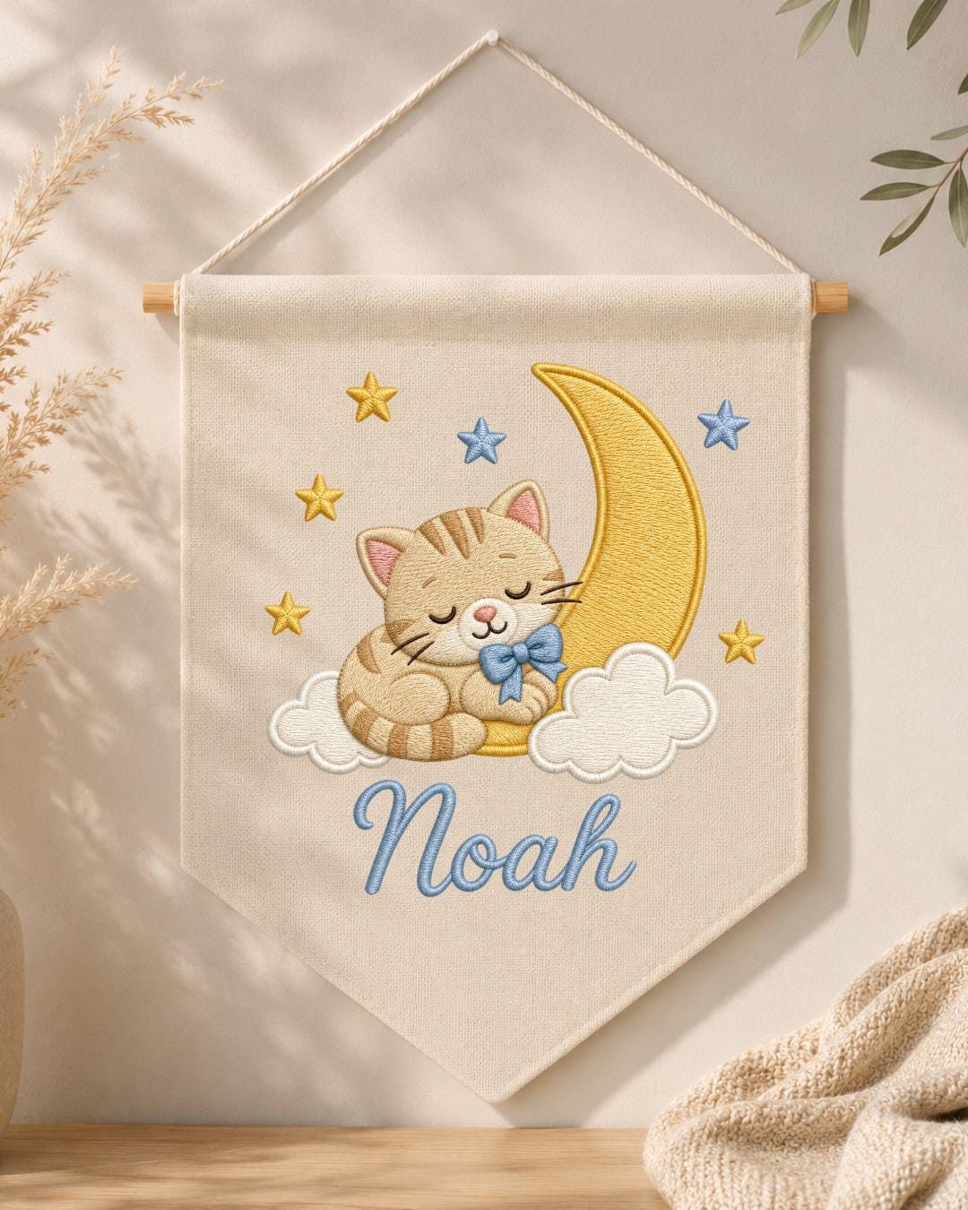 Personalized Cat Moon Nursery Wall Hanging, Custom Name Embroidered Banner, Sleeping Kitten Baby Boy Room Decor, Celestial Nursery Gift