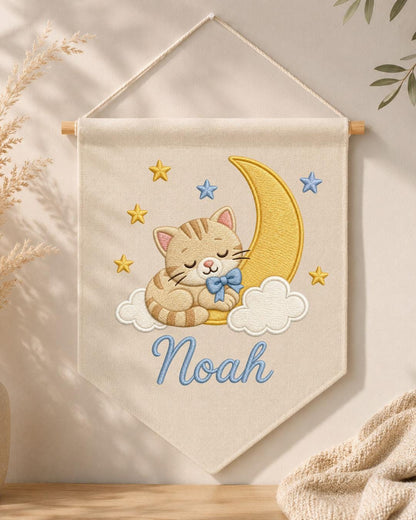 Personalized Cat Moon Nursery Wall Hanging, Custom Name Embroidered Banner, Sleeping Kitten Baby Boy Room Decor, Celestial Nursery Gift