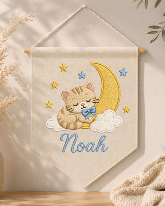 Personalized Cat Moon Nursery Wall Hanging, Custom Name Embroidered Banner, Sleeping Kitten Baby Boy Room Decor, Celestial Nursery Gift