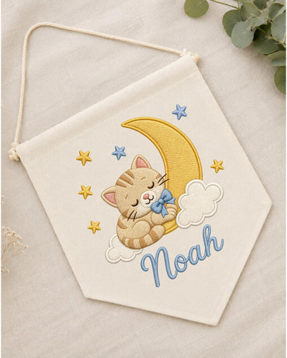 Personalized Cat Moon Nursery Wall Hanging, Custom Name Embroidered Banner, Sleeping Kitten Baby Boy Room Decor, Celestial Nursery Gift