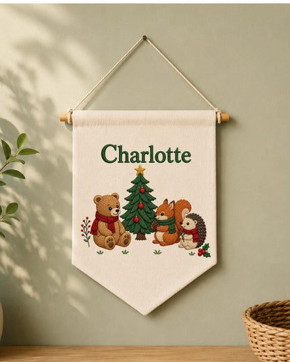 Personalized Christmas Nursery Wall Hanging, Custom Name Embroidered Banner, Woodland Animals Christmas Decor, Baby Girl Holiday Gift