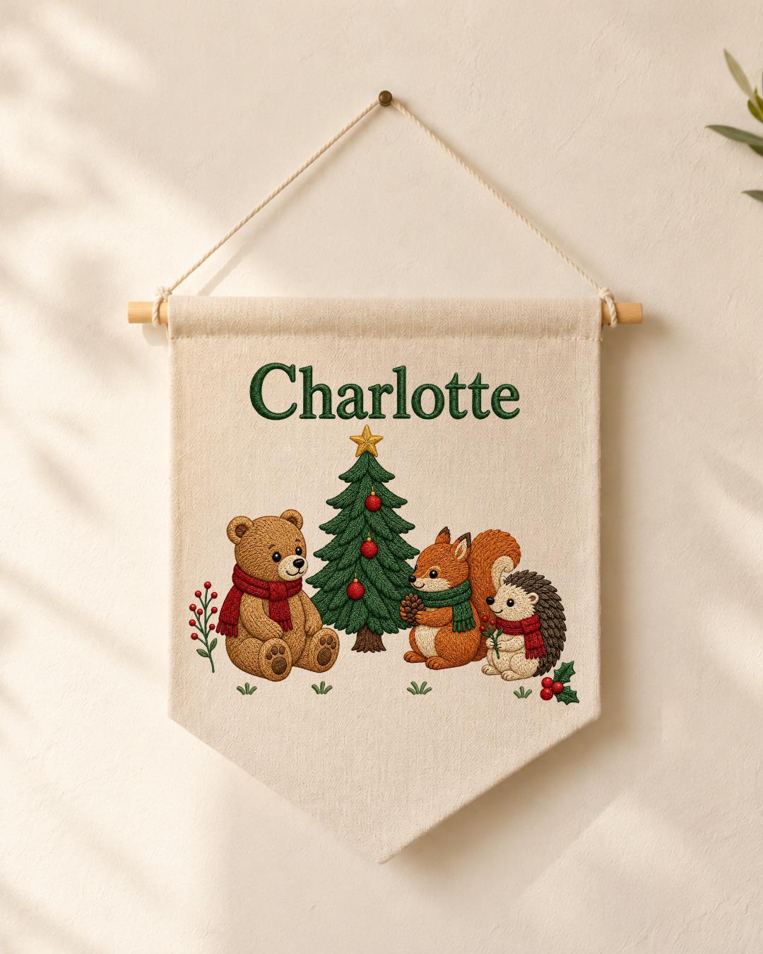 Personalized Christmas Nursery Wall Hanging, Custom Name Embroidered Banner, Woodland Animals Christmas Decor, Baby Girl Holiday Gift