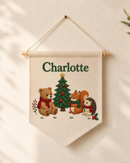 Personalized Christmas Nursery Wall Hanging, Custom Name Embroidered Banner, Woodland Animals Christmas Decor, Baby Girl Holiday Gift