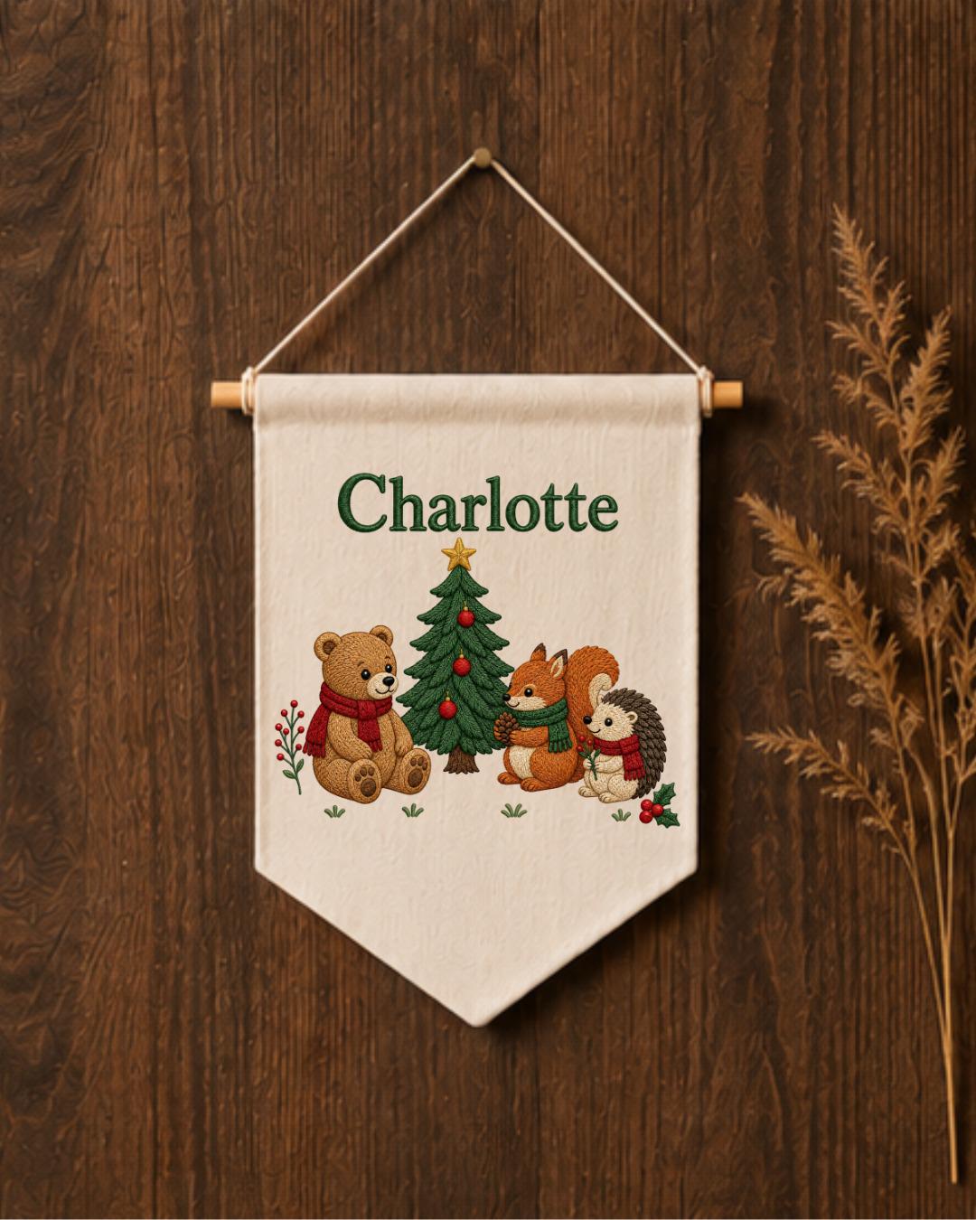Personalized Christmas Nursery Wall Hanging, Custom Name Embroidered Banner, Woodland Animals Christmas Decor, Baby Girl Holiday Gift