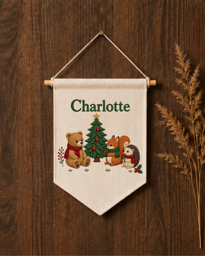 Personalized Christmas Nursery Wall Hanging, Custom Name Embroidered Banner, Woodland Animals Christmas Decor, Baby Girl Holiday Gift