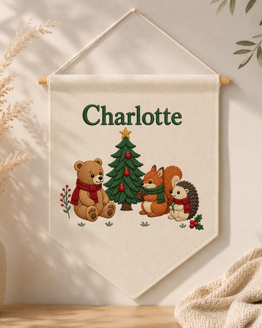 Personalized Christmas Nursery Wall Hanging, Custom Name Embroidered Banner, Woodland Animals Christmas Decor, Baby Girl Holiday Gift