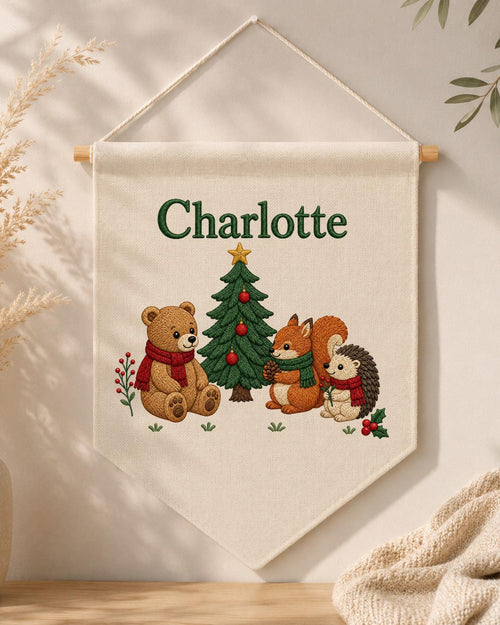 Personalized Christmas Nursery Wall Hanging, Custom Name Embroidered Banner, Woodland Animals Christmas Decor, Baby Girl Holiday Gift