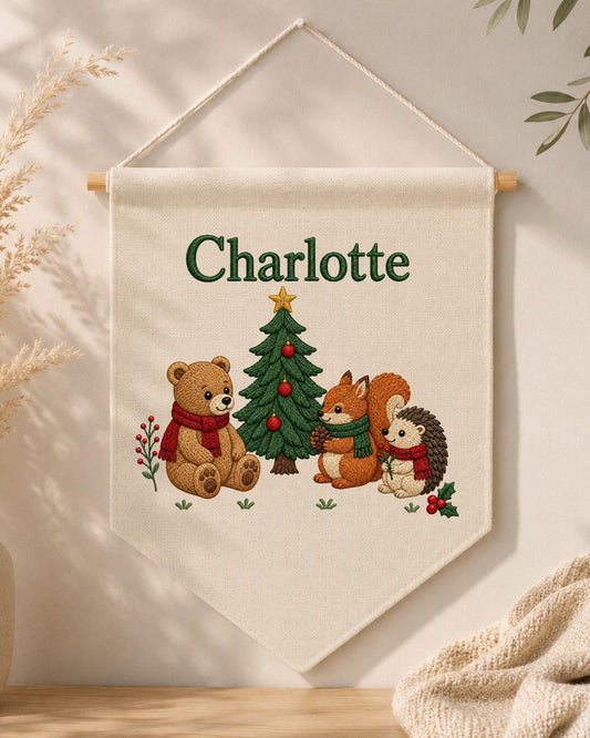 Personalized Christmas Nursery Wall Hanging, Custom Name Embroidered Banner, Woodland Animals Christmas Decor, Baby Girl Holiday Gift