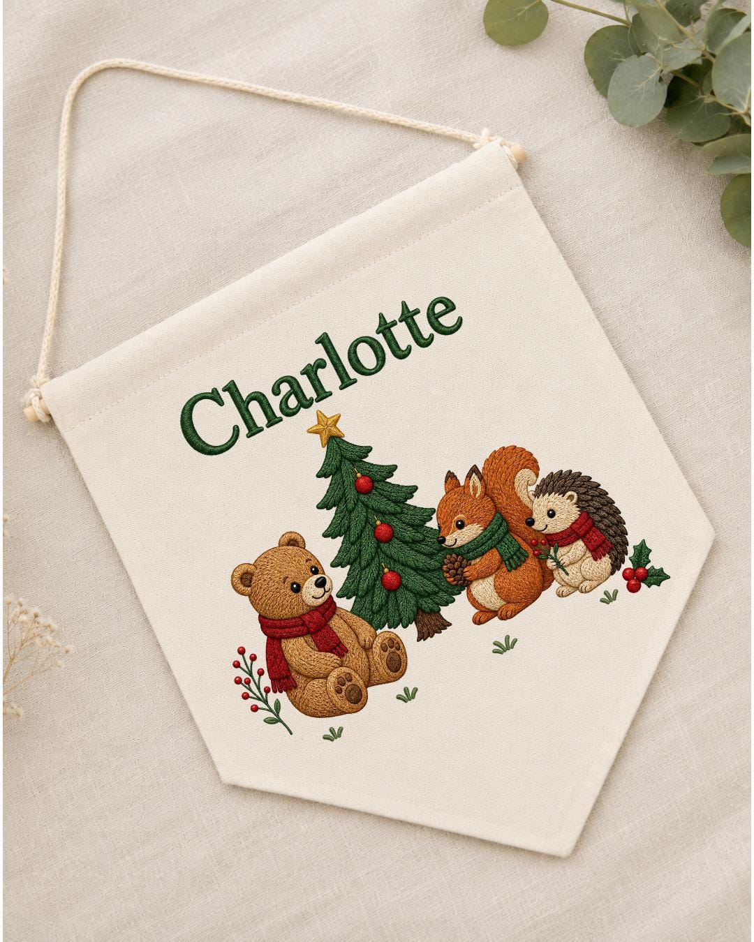 Personalized Christmas Nursery Wall Hanging, Custom Name Embroidered Banner, Woodland Animals Christmas Decor, Baby Girl Holiday Gift