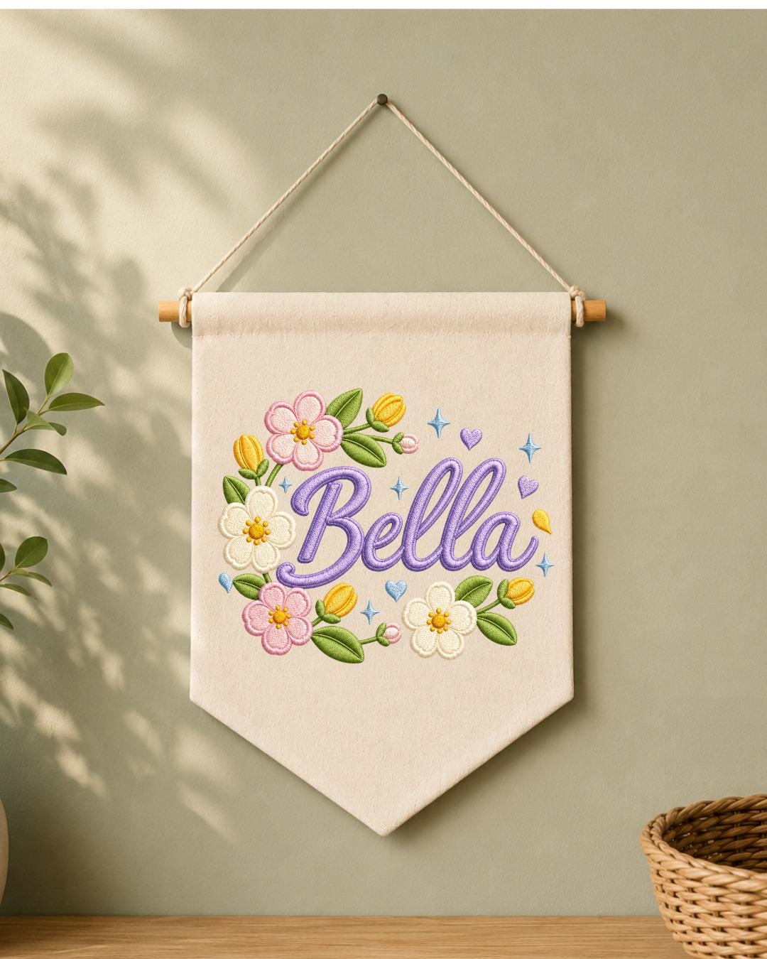 Personalized Floral Name Wall Hanging, Custom Name Embroidered Banner, Flower Nursery Decor, Baby Girl Room Sign, Personalized Nursery Gift
