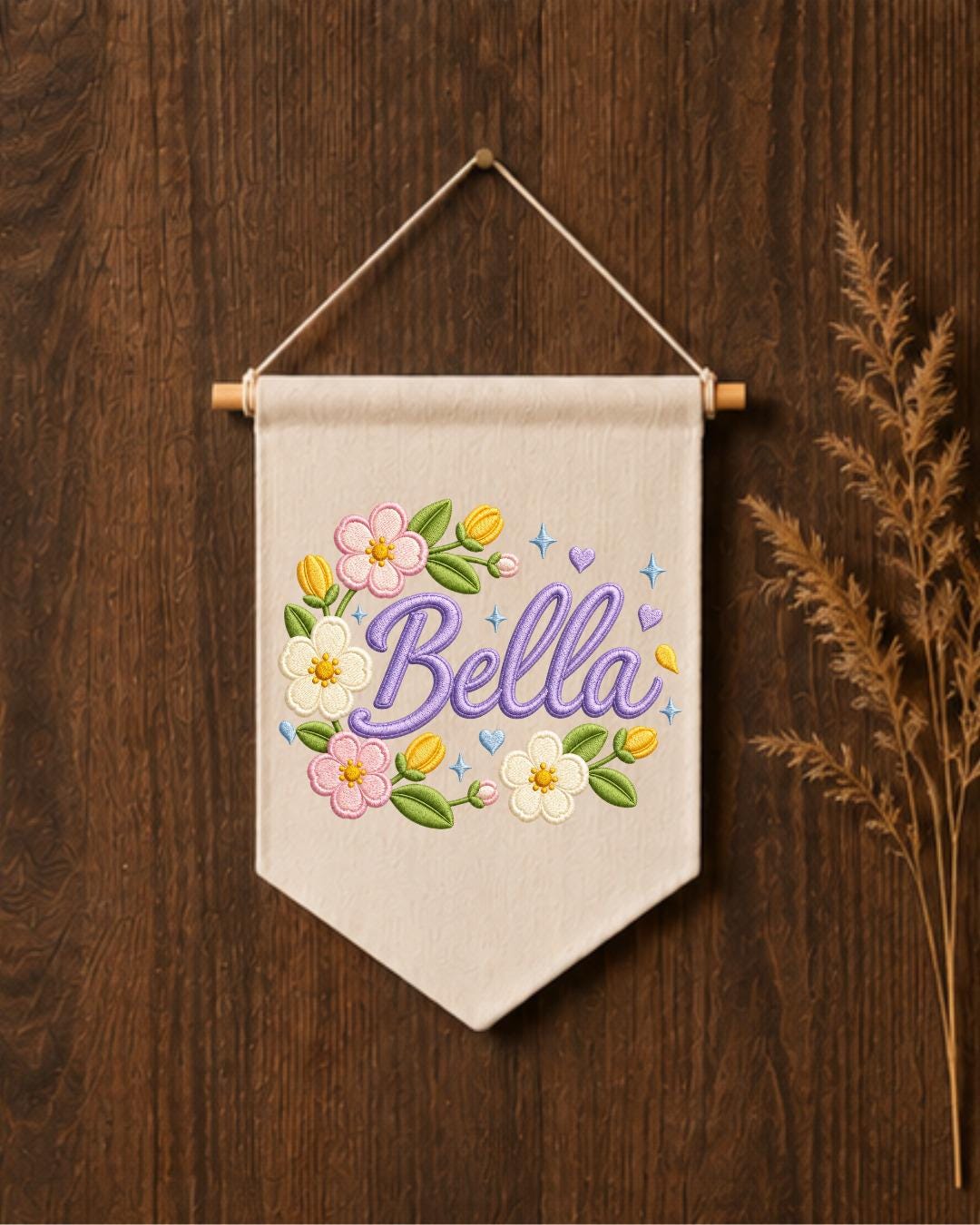 Personalized Floral Name Wall Hanging, Custom Name Embroidered Banner, Flower Nursery Decor, Baby Girl Room Sign, Personalized Nursery Gift