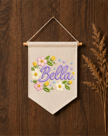 Personalized Floral Name Wall Hanging, Custom Name Embroidered Banner, Flower Nursery Decor, Baby Girl Room Sign, Personalized Nursery Gift