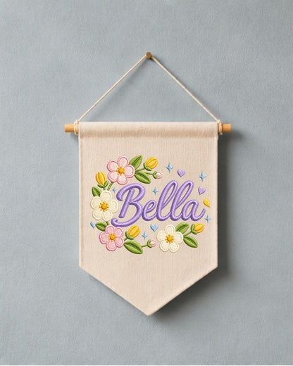 Personalized Floral Name Wall Hanging, Custom Name Embroidered Banner, Flower Nursery Decor, Baby Girl Room Sign, Personalized Nursery Gift