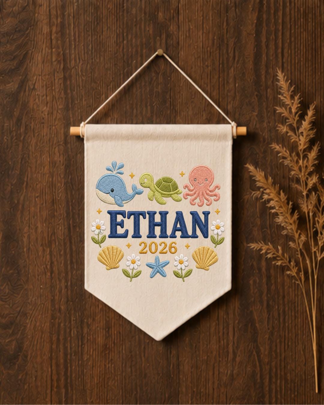 Personalized Ocean Nursery Wall Hanging, Custom Name Embroidered Banner, Whale Turtle Octopus Baby Boy Room Decor, Under the Sea Gift