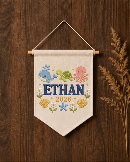 Personalized Ocean Nursery Wall Hanging, Custom Name Embroidered Banner, Whale Turtle Octopus Baby Boy Room Decor, Under the Sea Gift