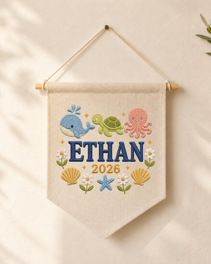 Personalized Ocean Nursery Wall Hanging, Custom Name Embroidered Banner, Whale Turtle Octopus Baby Boy Room Decor, Under the Sea Gift