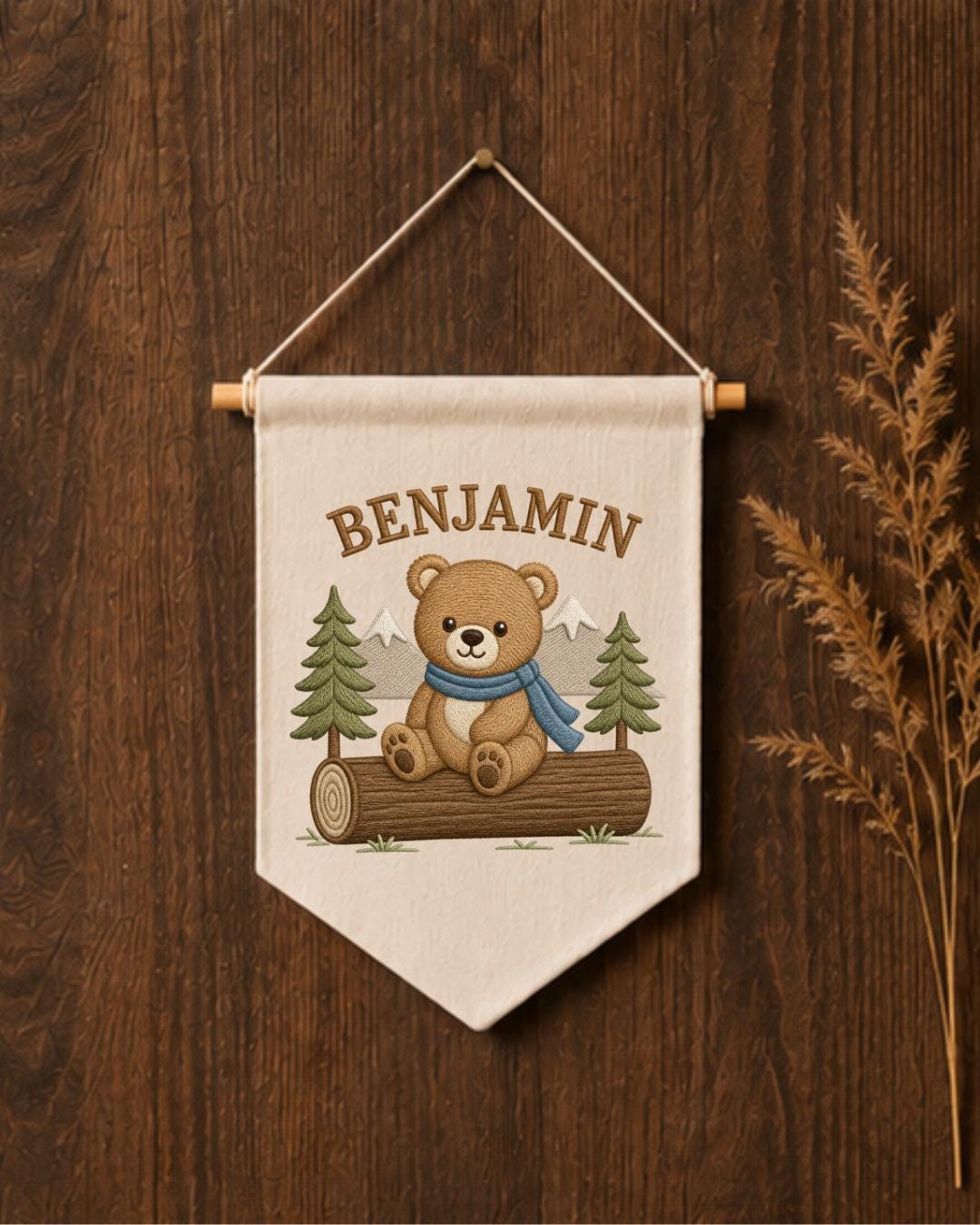 Personalized Bear Nursery Wall Hanging, Custom Name Embroidered Banner, Woodland Bear Baby Boy Room Decor, Forest Nursery Gift