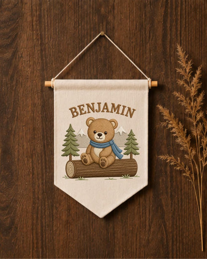 Personalized Bear Nursery Wall Hanging, Custom Name Embroidered Banner, Woodland Bear Baby Boy Room Decor, Forest Nursery Gift