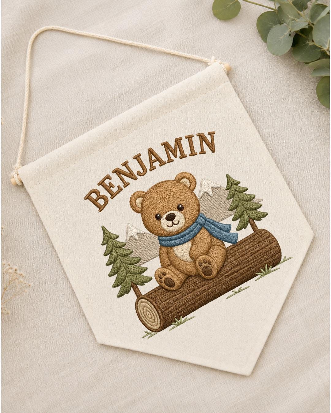 Personalized Bear Nursery Wall Hanging, Custom Name Embroidered Banner, Woodland Bear Baby Boy Room Decor, Forest Nursery Gift