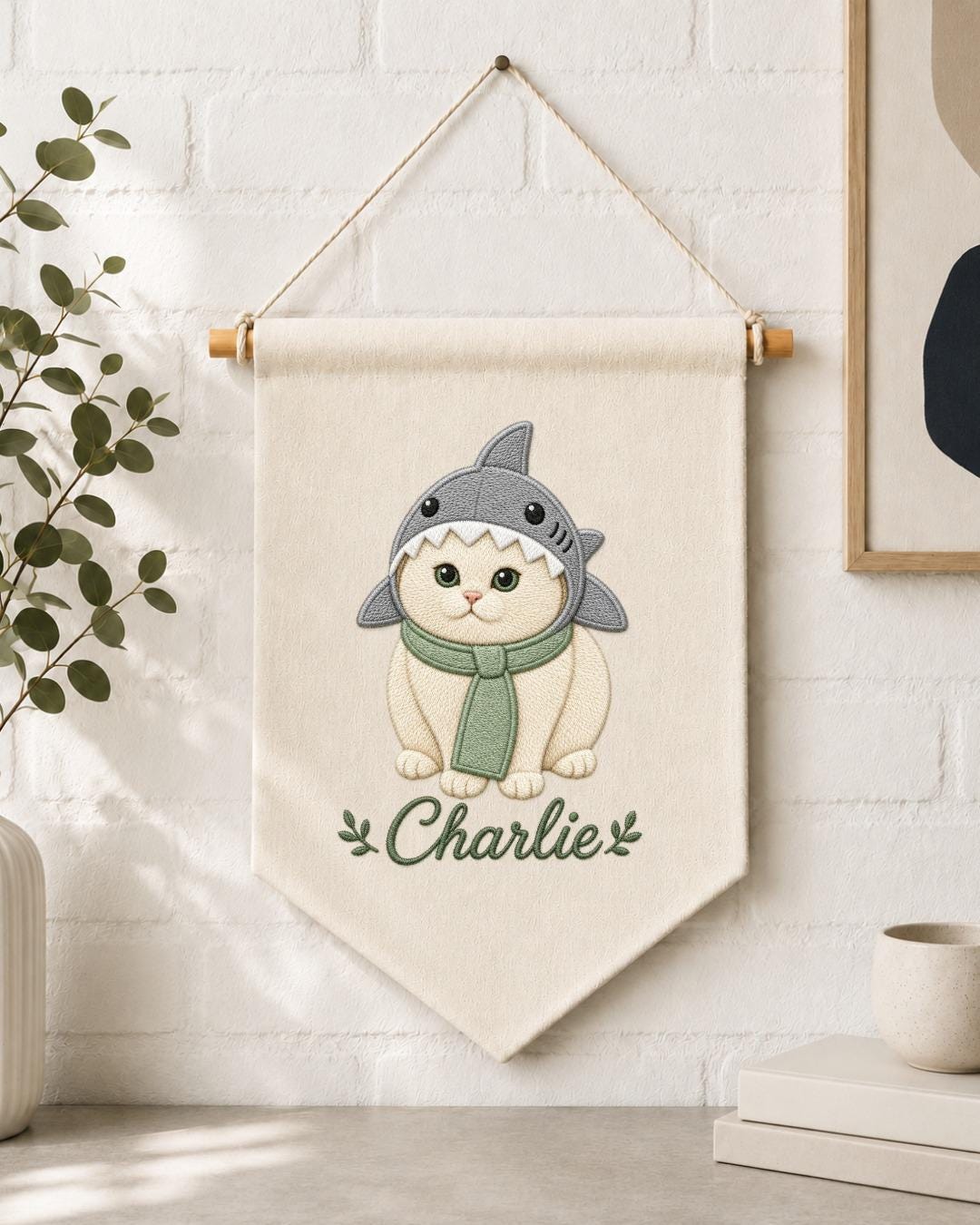Personalized Cat Wall Hanging, Custom Name Embroidered Banner, Shark Costume Cat Decor, Cute Pet Nursery Wall Art, Cat Lover Gift