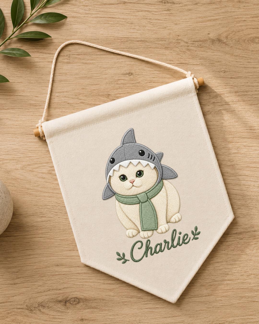Personalized Cat Wall Hanging, Custom Name Embroidered Banner, Shark Costume Cat Decor, Cute Pet Nursery Wall Art, Cat Lover Gift