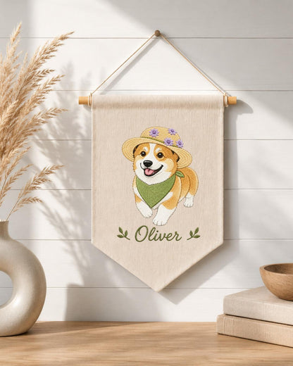Personalized Corgi Wall Hanging, Custom Name Embroidered Banner, Dog Nursery Decor, Pet Lover Room Decor, Cute Corgi Gift