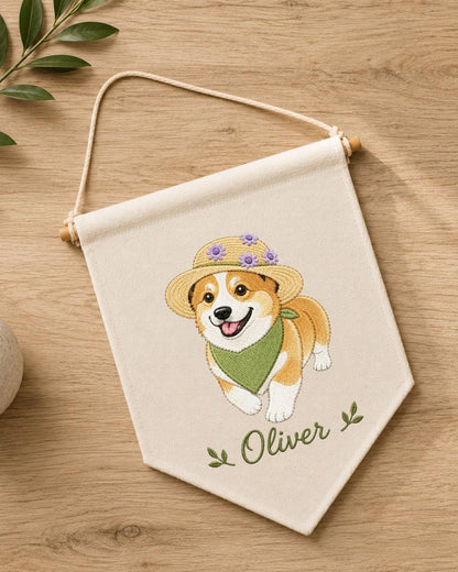 Personalized Corgi Wall Hanging, Custom Name Embroidered Banner, Dog Nursery Decor, Pet Lover Room Decor, Cute Corgi Gift