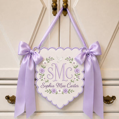 Personalized Baby Girl Monogram Scalloped Banner Decor, Custom Embroidered Name Initial Floral Dove Wall Hanging Sign, Christening Gift