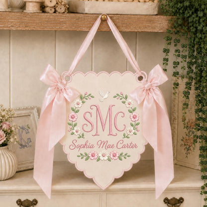 Personalized Baby Girl Monogram Scalloped Banner Decor, Custom Embroidered Name Initial Floral Dove Wall Hanging Sign, Christening Gift