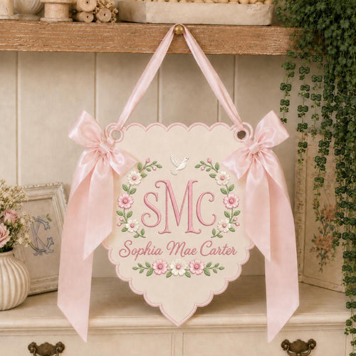 Personalized Baby Girl Monogram Scalloped Banner Decor, Custom Embroidered Name Initial Floral Dove Wall Hanging Sign, Christening Gift