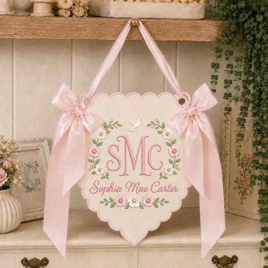 Personalized Baby Girl Monogram Scalloped Banner Decor, Custom Embroidered Name Initial Floral Dove Wall Hanging Sign, Christening Gift