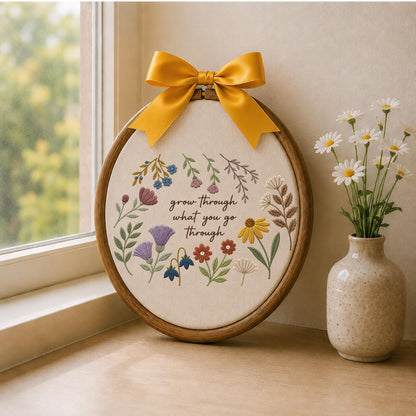 Personalized Embroidered Ornament, Grow Through What You Go Through Floral Ornament, Inspirational Gift, Botanical Keepsake
