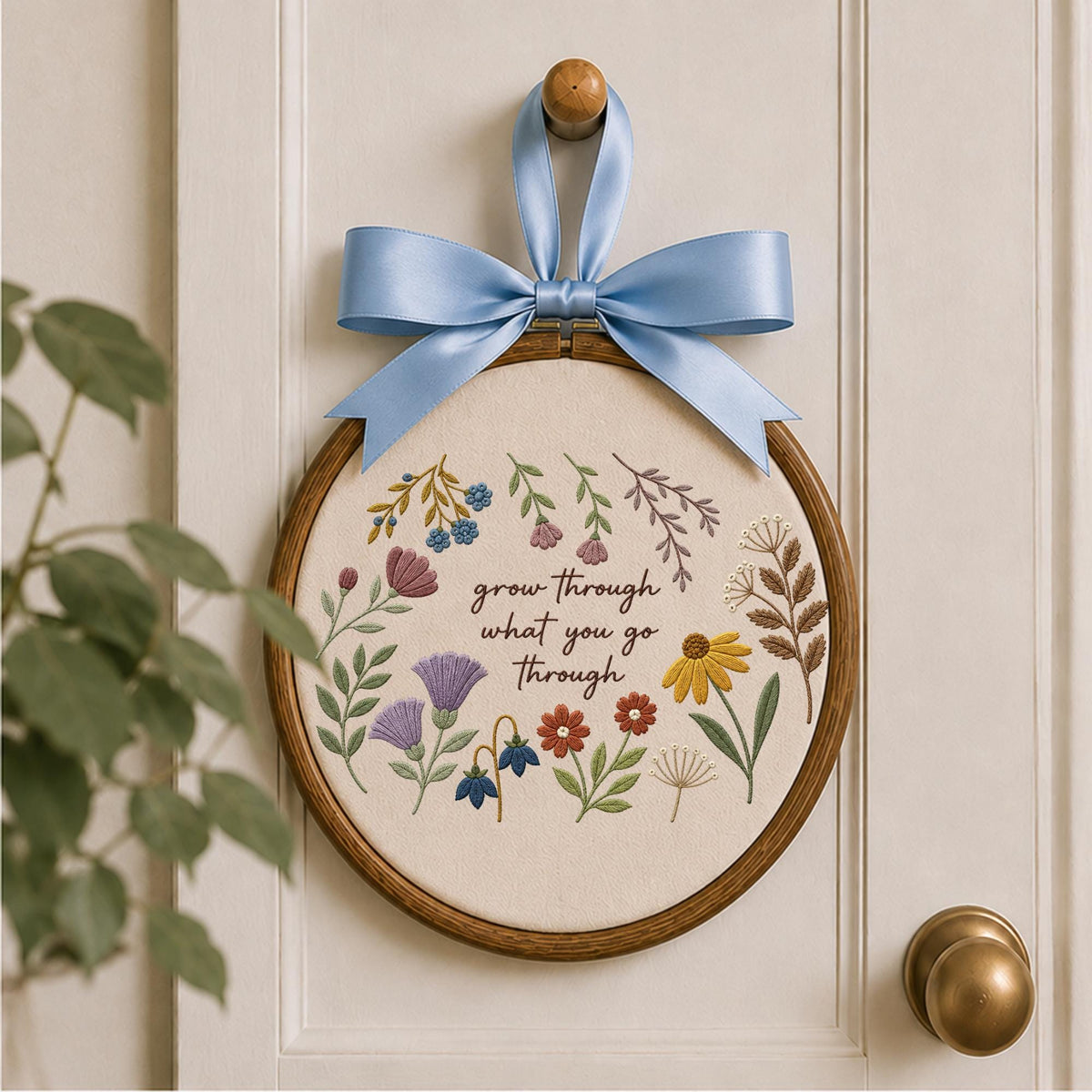 Personalized Embroidered Ornament, Grow Through What You Go Through Floral Ornament, Inspirational Gift, Botanical Keepsake