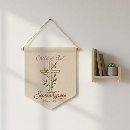 Personalized Embroidered Baptism Wall Hanging Banner, Child of God Cross Sign, Custom Name Christening Gift, Christian Nursery Decor