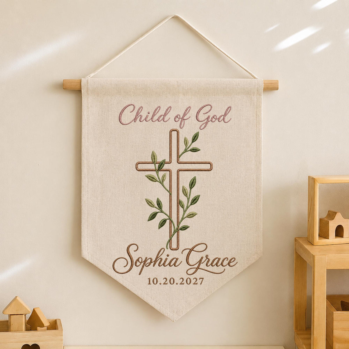 Personalized Embroidered Baptism Wall Hanging Banner, Child of God Cross Sign, Custom Name Christening Gift, Christian Nursery Decor