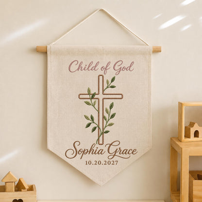 Personalized Embroidered Baptism Wall Hanging Banner, Child of God Cross Sign, Custom Name Christening Gift, Christian Nursery Decor
