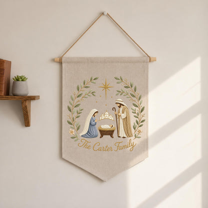 Personalized Nativity Embroidered Wall Hanging Banner, Custom Family Name Christmas Decor, Holy Family Christian Gift, Religious Christmas