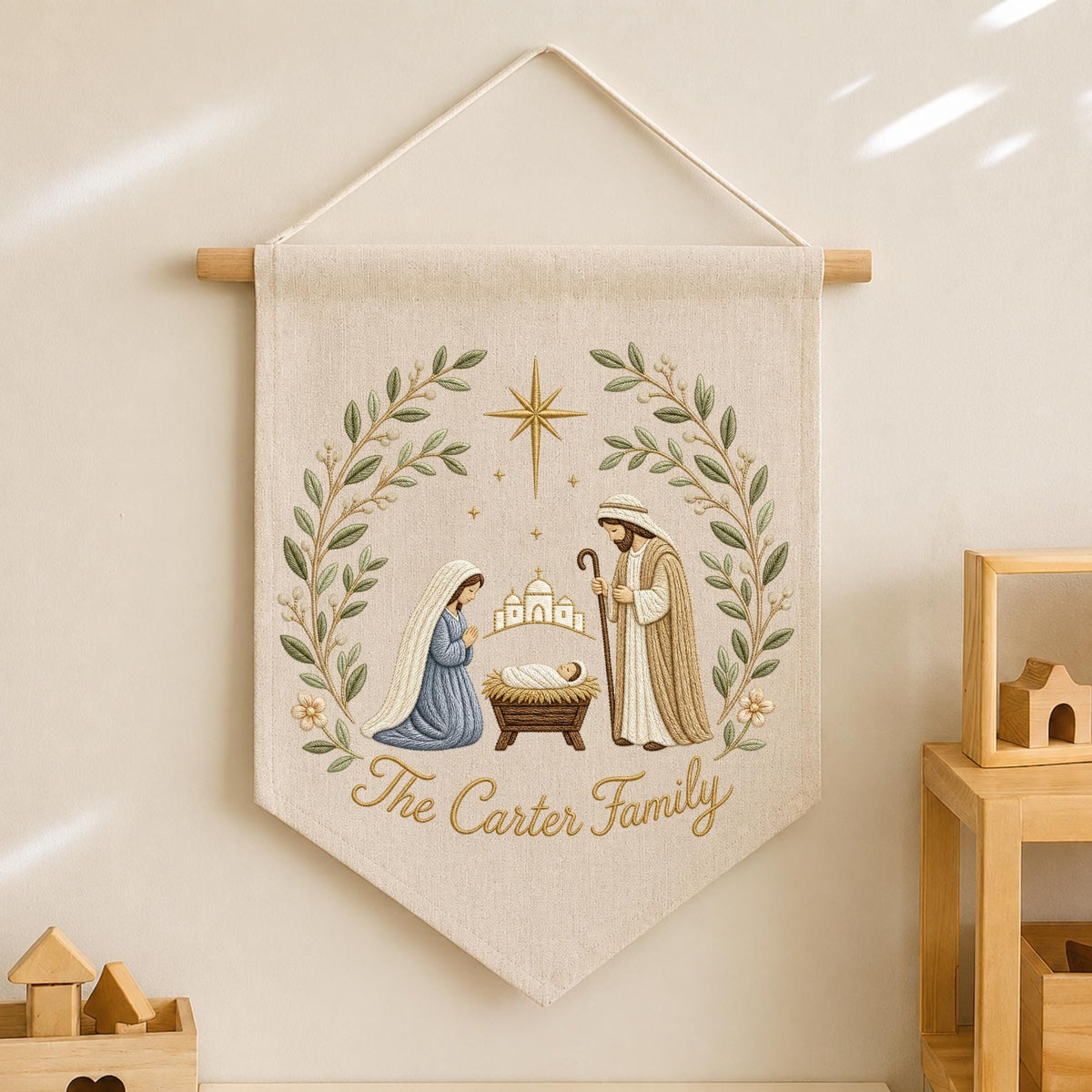 Personalized Nativity Embroidered Wall Hanging Banner, Custom Family Name Christmas Decor, Holy Family Christian Gift, Religious Christmas