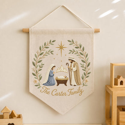 Personalized Nativity Embroidered Wall Hanging Banner, Custom Family Name Christmas Decor, Holy Family Christian Gift, Religious Christmas