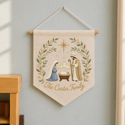 Personalized Nativity Embroidered Wall Hanging Banner, Custom Family Name Christmas Decor, Holy Family Christian Gift, Religious Christmas