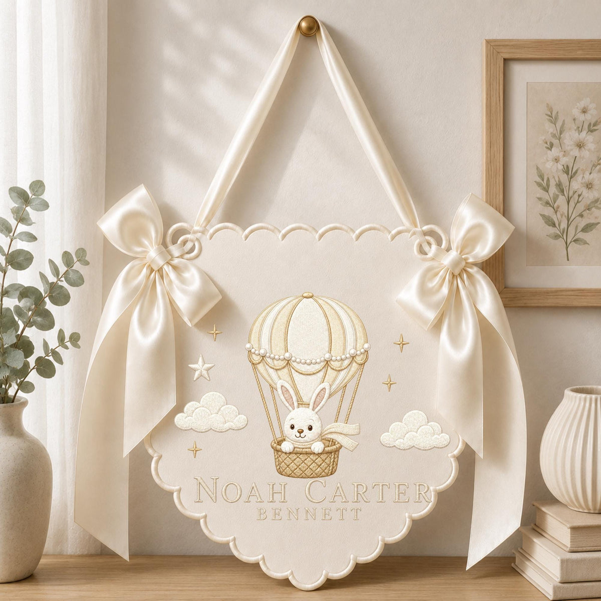 Personalized Embroidered Baby Name Banner, Hot Air Balloon Bunny Nursery Wall Hanging, Custom Name Sign, Baby Girl Nursery Decor, Newborn
