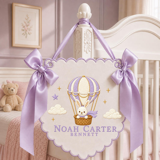 Personalized Embroidered Baby Name Banner, Hot Air Balloon Bunny Nursery Wall Hanging, Custom Name Sign, Baby Girl Nursery Decor, Newborn