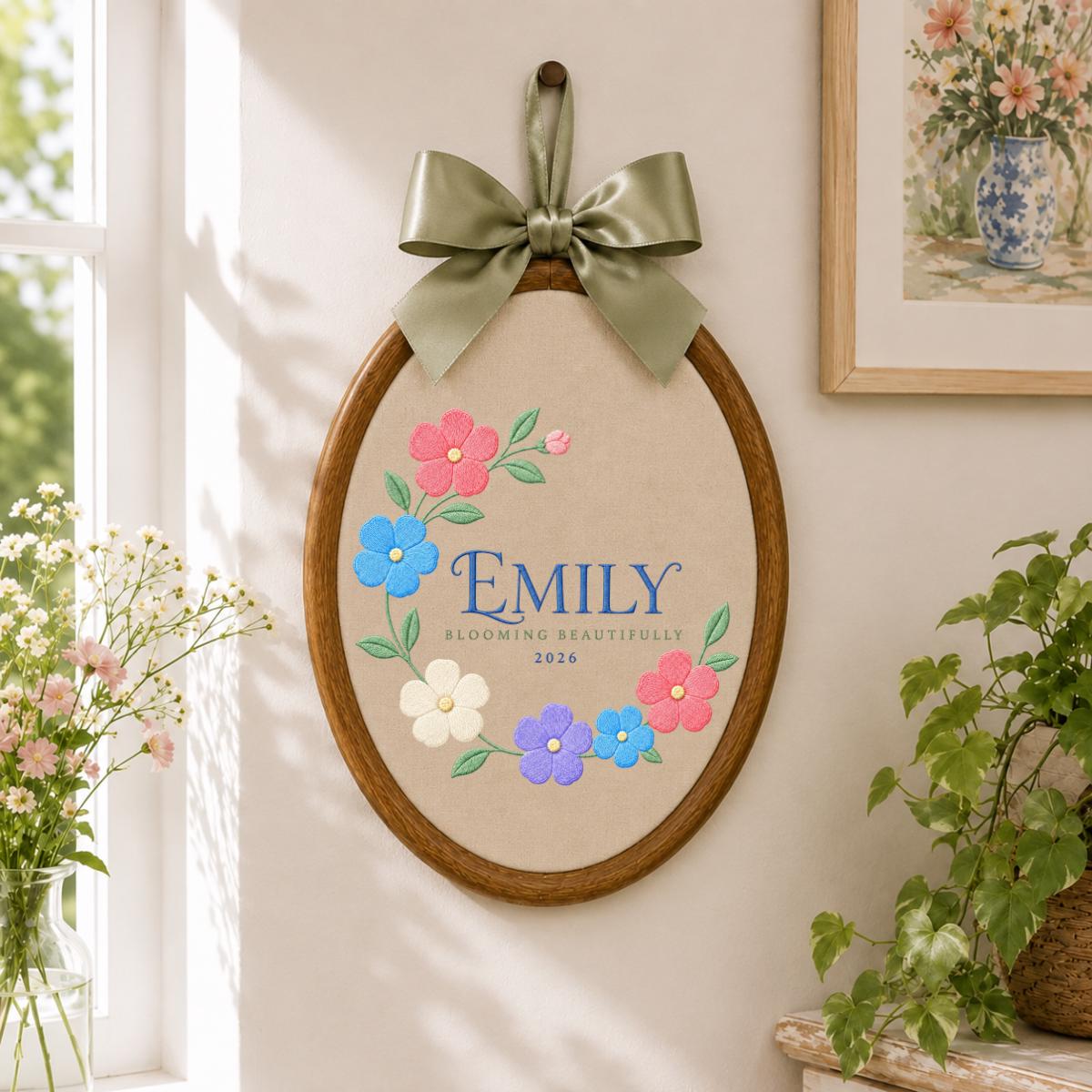 Personalized Blooming Beautifully Oval Hoop Art, Custom Name Emily Floral Wreath Embroidered Baby Girl Nursery Wall Sign Decor