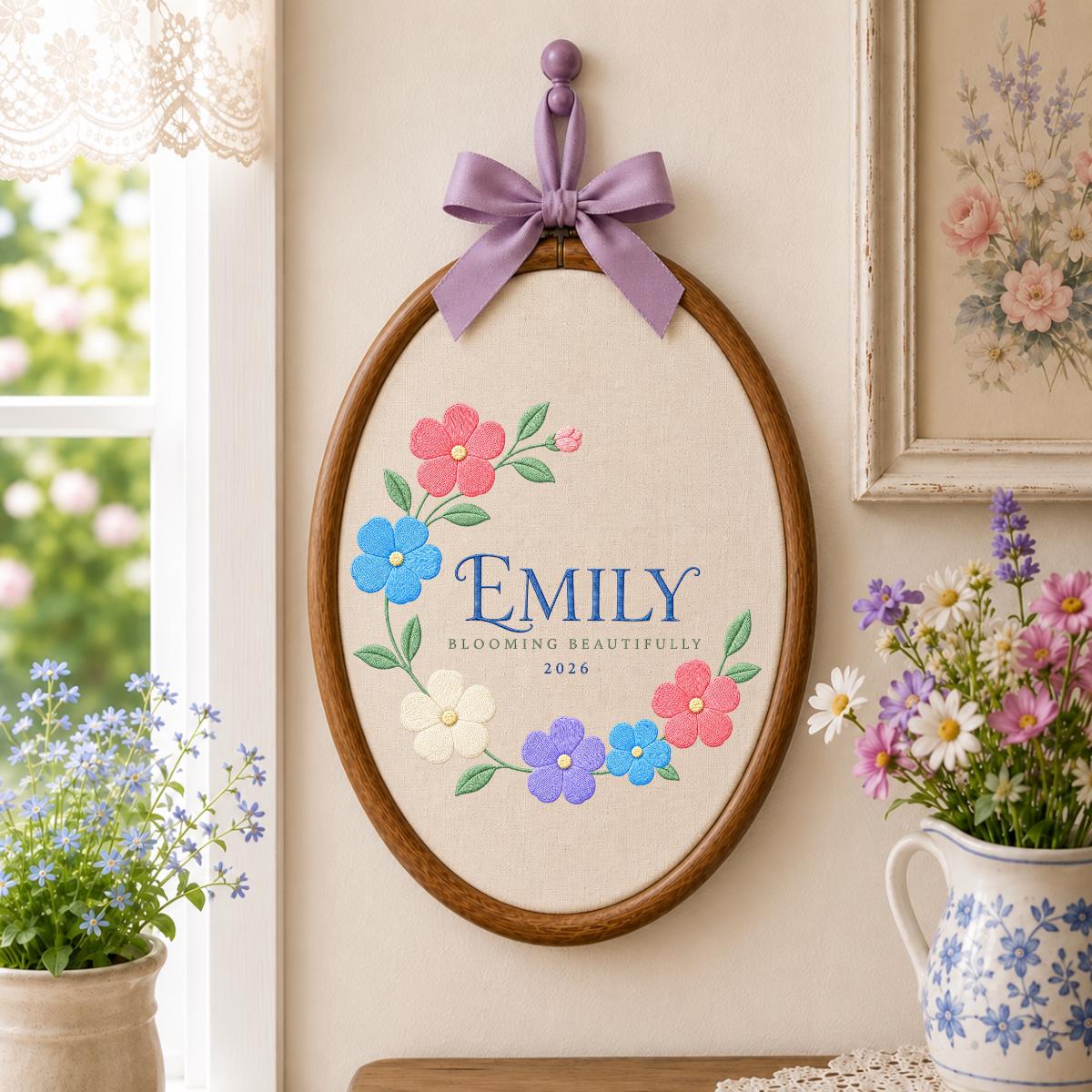 Personalized Blooming Beautifully Oval Hoop Art, Custom Name Emily Floral Wreath Embroidered Baby Girl Nursery Wall Sign Decor