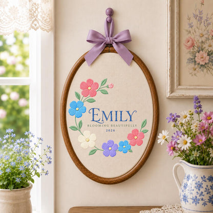 Personalized Blooming Beautifully Oval Hoop Art, Custom Name Emily Floral Wreath Embroidered Baby Girl Nursery Wall Sign Decor