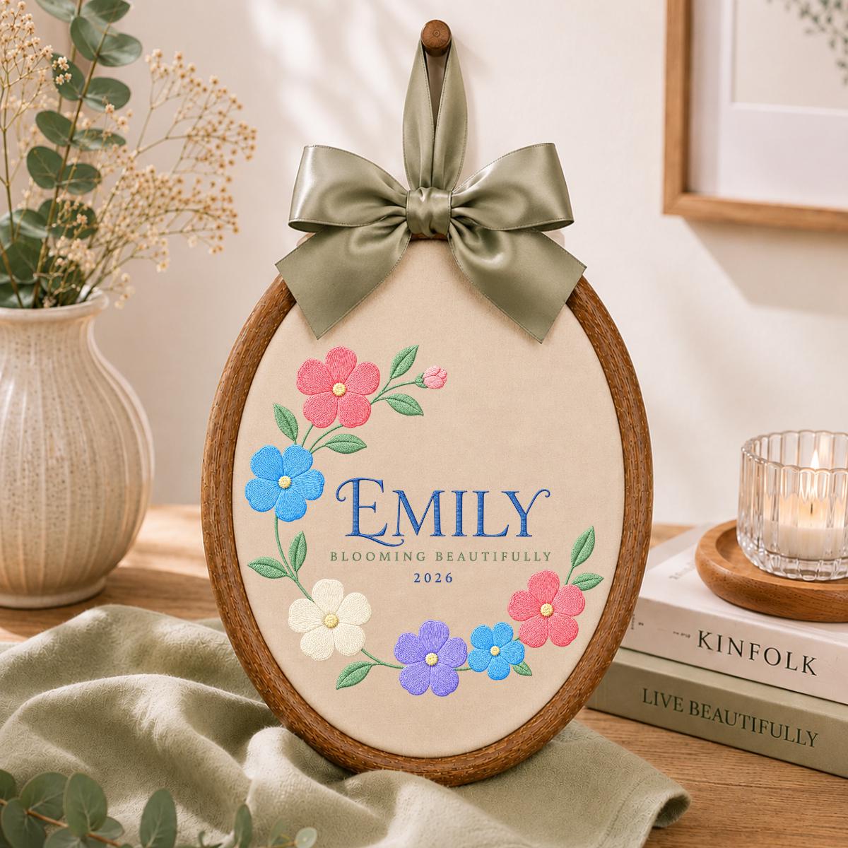 Personalized Blooming Beautifully Oval Hoop Art, Custom Name Emily Floral Wreath Embroidered Baby Girl Nursery Wall Sign Decor